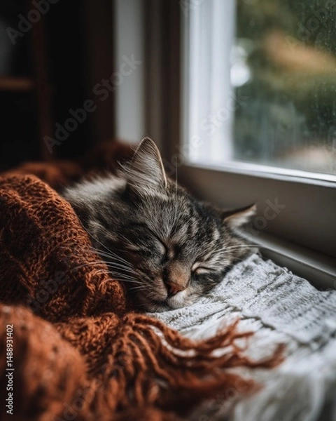 Fototapeta A gray tabby cat naps peacefully under a cozy, rust-colored knit blanket near a sunlit window.