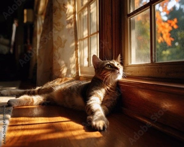Fototapeta A tabby cat lounges in the warm sunlight streaming through a window, gazing out at the autumn leaves.