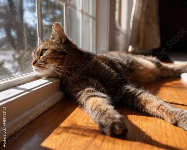 Fototapeta Tabby cat lounging in sunlit window, enjoying the warmth. Peaceful feline.