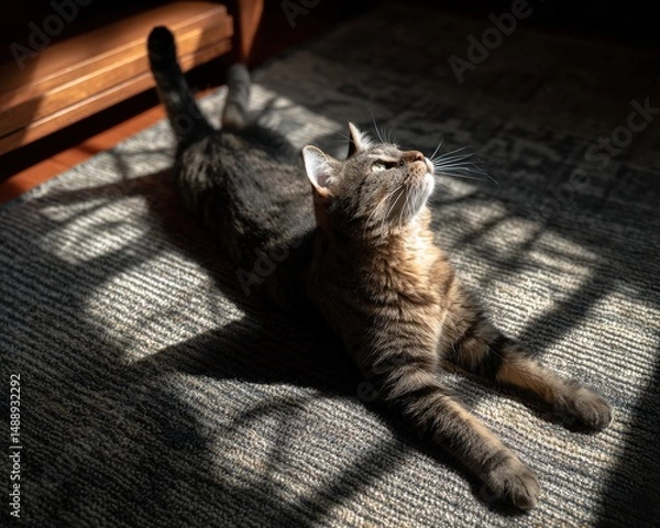 Fototapeta A tabby cat stretches out on a carpet, bathed in sunlight. The cat looks up, seemingly enjoying the warmth.