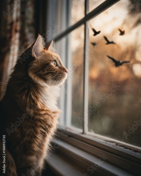 Fototapeta Ginger cat sits by window, watching birds fly by in the golden hour light. A serene and peaceful moment.