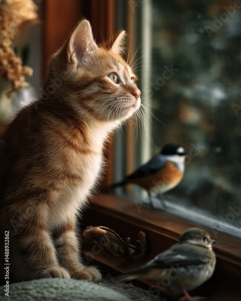 Fototapeta Ginger kitten gazes out a window, watching birds.  A moment of peaceful curiosity.