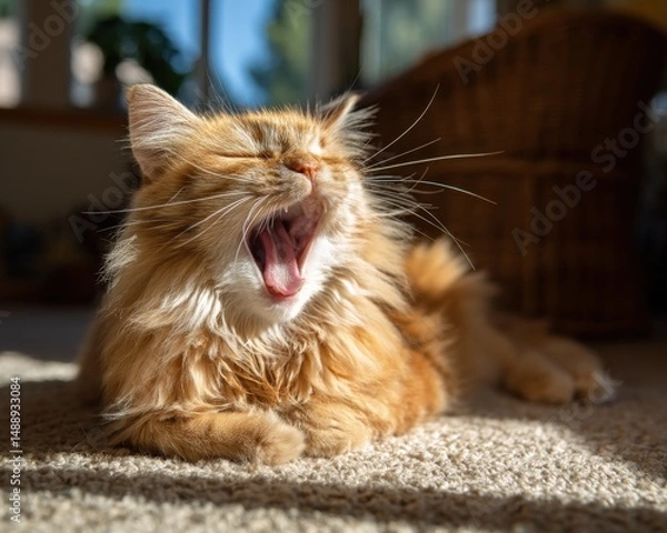 Fototapeta Fluffy ginger cat yawning in the sunbeam.  A picture of pure contentment.