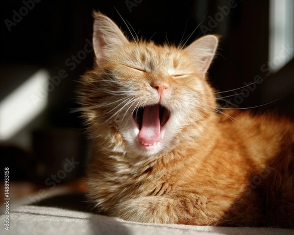 Fototapeta Ginger cat yawning in the sunbeam.  A fluffy, adorable moment.