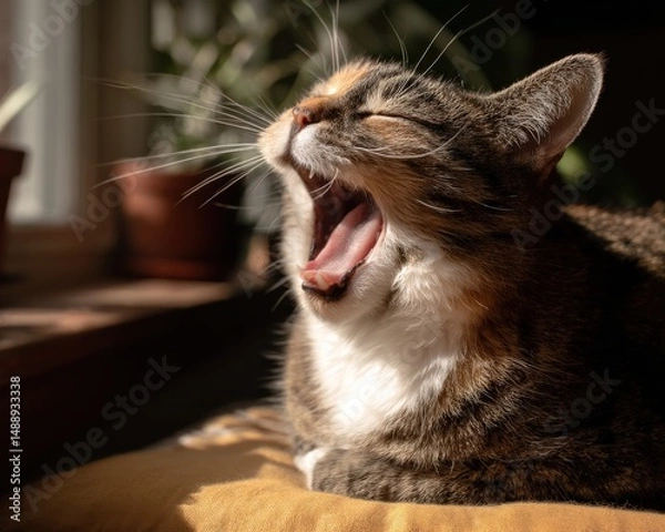 Fototapeta A tabby cat with white chest yawns widely in a sunlit room, showcasing its pink mouth and relaxed demeanor.