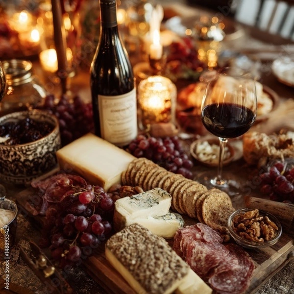 Fototapeta A romantic charcuterie board with cheeses, grapes, crackers, salami, and a glass of red wine.