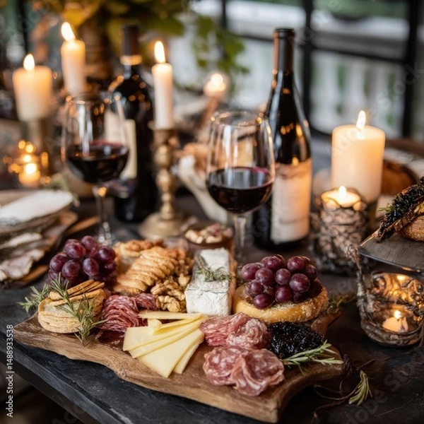 Fototapeta A rustic charcuterie board with cheeses, grapes, and cured meats, surrounded by candlelight and wine glasses. A cozy autumnal setting.