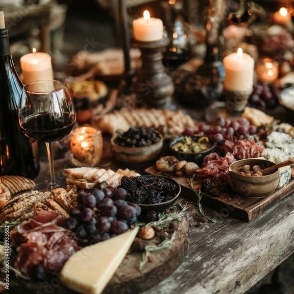 Fototapeta A rustic charcuterie board with various cheeses, meats, fruits, and breads, surrounded by candles and wine.