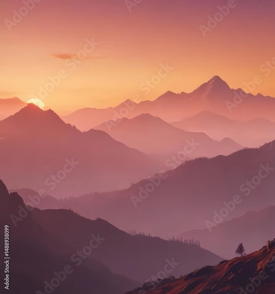 Obraz Fiery ombre sunset paints misty mountain range, soft gradient sky ,  dramatic,  soft