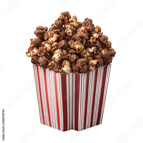 Fototapeta Chocolate popcorn served in a classic striped container, evoking a sense of comfort and delight