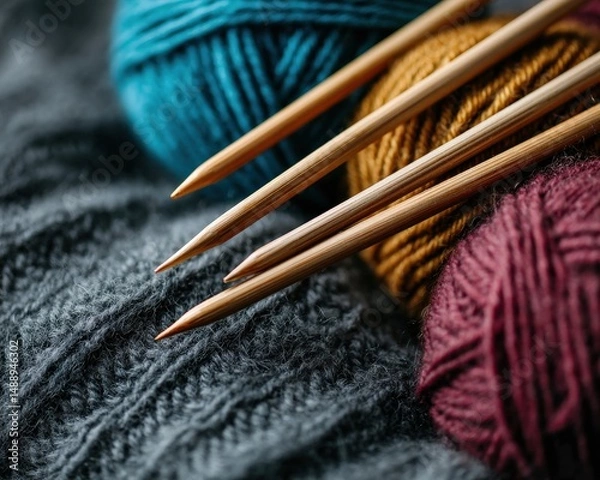 Fototapeta Close-up of three wooden knitting needles resting on a cozy, dark gray knitted fabric with balls of yarn in teal, mustard, and burgundy.