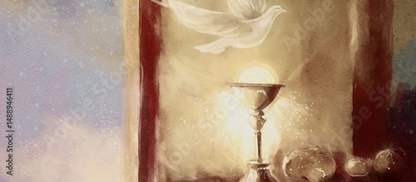 Obraz Watercolor Eucharist and Holy Spirit. Inspirational Christian Communion Painting