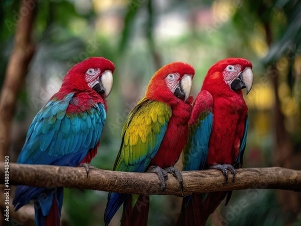 Fototapeta Three vibrant macaws perch on a branch, their colorful feathers a striking contrast against the lush green background.