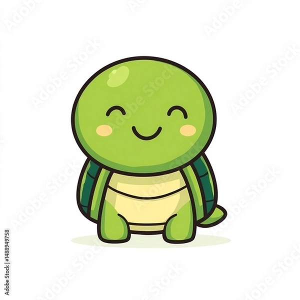 Fototapeta Cute cartoon turtle smiling, flat on white background