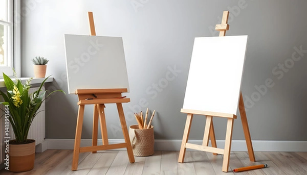 Fototapeta Wooden easel with blank canvas near grey wall indoors, crayon drawing. White tone