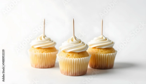 Obraz Three Vanilla Cupcakes Topper Mockup. 3 cupcake with wooden toothpick in white background Copy space for your design here. Blank mockup for advertising and promotions, dramatic atmosphere. White ton