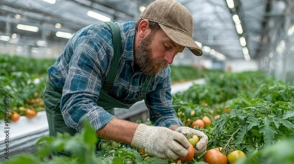 Obraz Farmer Tending to Tomatoes in a Modern Greenhouse
