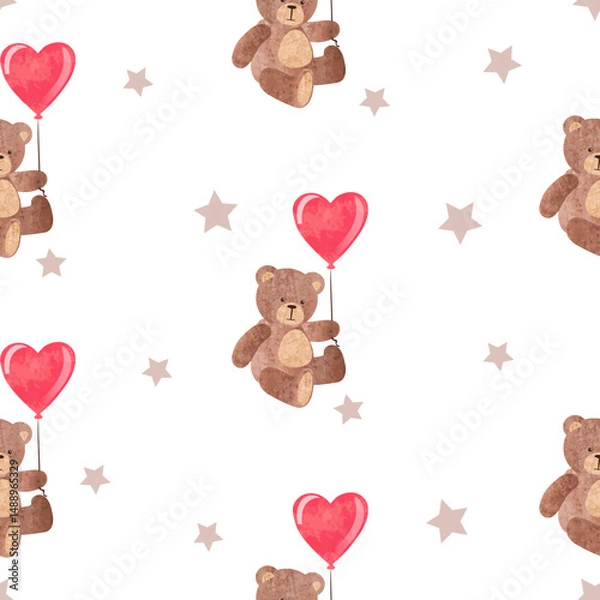 Obraz Seamless pattern with watercolor teddy bears and heart balloons. Birthday or Valentines day print
