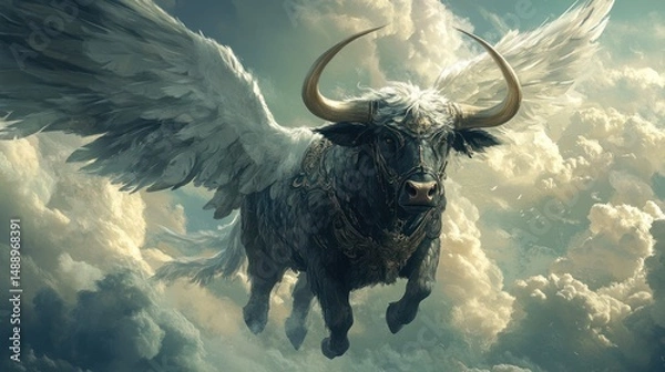 Fototapeta Mythical winged bull soaring through clouds