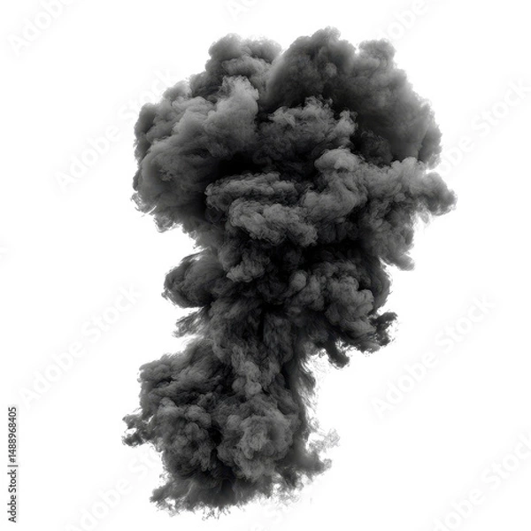 Fototapeta Black smoke clouds rise dramatically against a white background with stark contrast and intense texture, black smoke or clouds isolated on white background