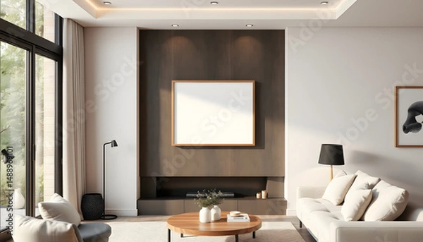 Fototapeta Mock up poster frame on wall in modern interior background, living room. Warm and Cozy style. 3D rendering, Backlit. White tone