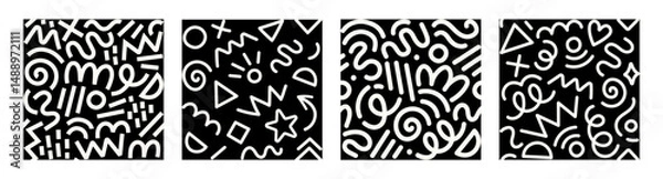 Fototapeta Set of trendy Memphis geometric patterns. Modern basic shapes: star, arrow, triangle, circle, heart, zigzag, spiral, wavy lines. Cool abstract background, retro 80s, 90s style. Cute kid doodle design.