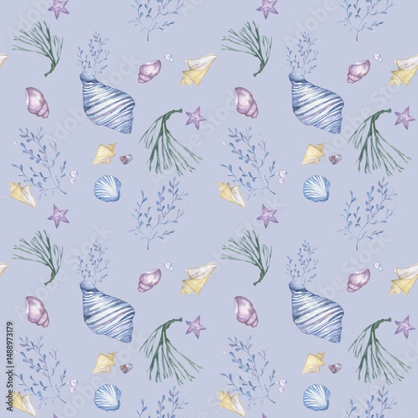 Obraz Elegant watercolor pattern of marine life with shells, corals and algae.Seamless pattern on a blue background. For wallpaper, packaging, textiles, and children's clothing.
