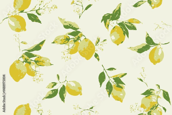 Fototapeta Seamless Watercolor Lemon Pattern with Leaves and Flowers � Mediterranean Summer Vector Design for Wallpaper and Textile