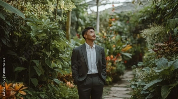 Fototapeta Portrait of a Man in a Gray Suit Standing in a Lush Green Garden