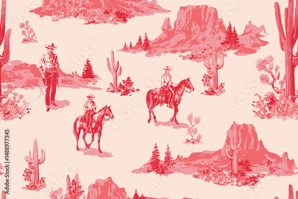 Obraz Seamless Rodeo Cowboys Vector Pattern with Desert Cacti Landscape � Wild West Surface Design for Fabric and Prints