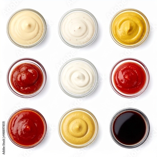 Fototapeta Assorted condiments and sauces isolated on white background with textured detail and directional lighting for food styling reference