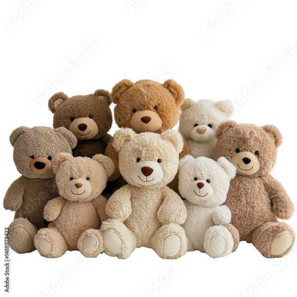 Obraz Group of adorable stuffed teddy bears sitting together on a white background, group stuffed teddy bears sitting together on a white surface, white background