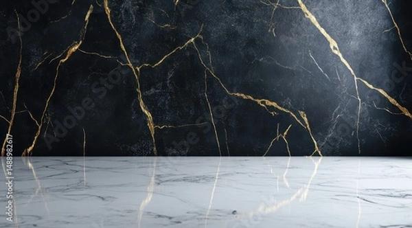 Fototapeta Dark marble wall with gold veining reflected on a white marble floor