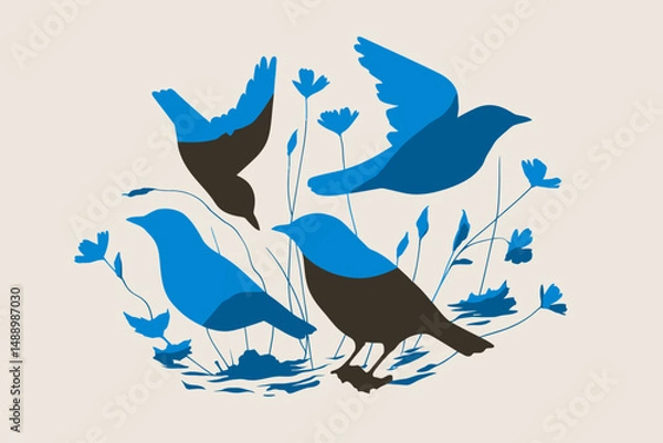 Fototapeta Hand Drawn Spring Birds Vector Illustration in Linocut Style for Posters and Logo Designs
