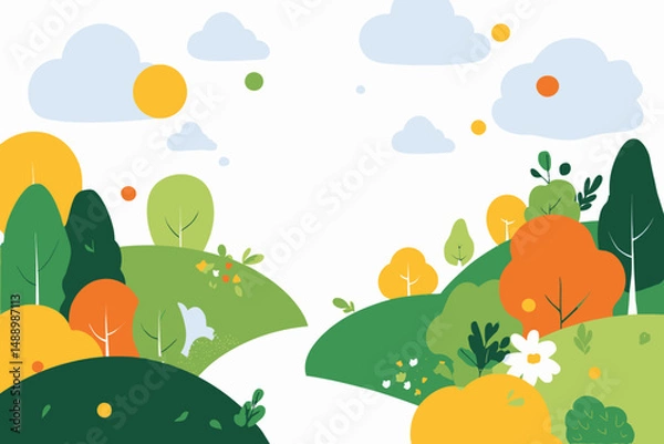 Obraz Flat linear style spring landscape vector with greeting card design template and copy space