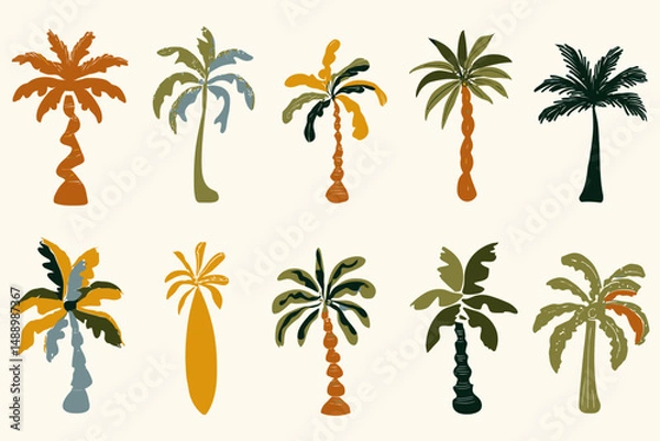 Fototapeta Summer palms tropical hand drawn vector illustrations logo and print design templates vacation travel surfing hippie boho elements