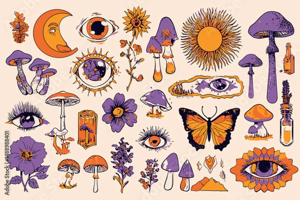 Obraz 60s 70s Psychedelic Vector Set Retro Groovy Mushrooms Flowers Eyes Sun Moon Butterfly Boho Stickers