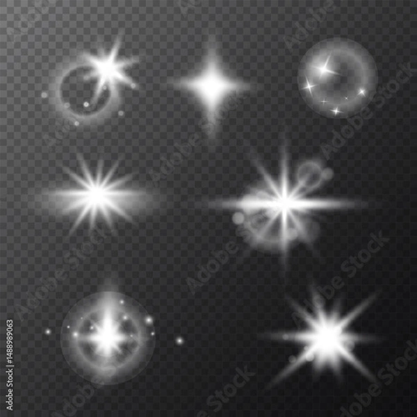 Fototapeta Glowing particles of light, Glare and twinkle of stars set, Starburst and light particles bokeh effect on transparent background. Vector illustration design elements.Lens Flare, light glow effect.