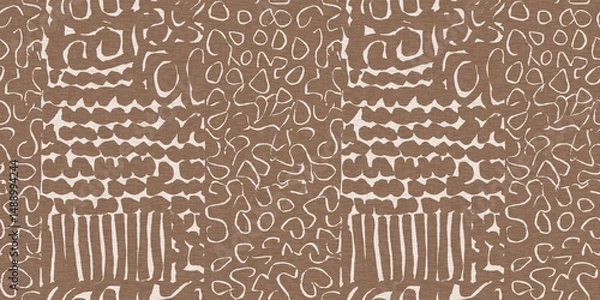 Fototapeta Calm scribble shape minimal shape seamless border pattern. Gender neutral baby nursery natural brown linen banner background. Scandi style sketch doodle wash tape edging trim. 