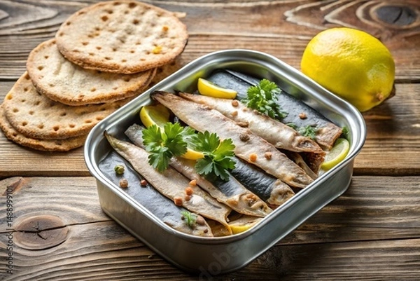 Fototapeta Surstromming Fish Arranged on an Open Tin with Flatbread