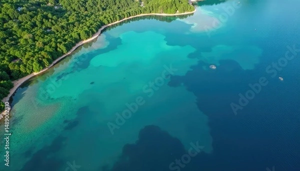 Fototapeta Abstract aerial view of lake, showing intricate shoreline shapes, birdseye, texture, sun