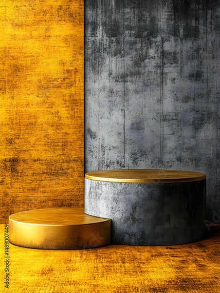 Fototapeta Two cylindrical display platforms, gold and grey concrete, set against a textured yellow and grey wall.  Subtle lighting emphasizes the metallic sheen