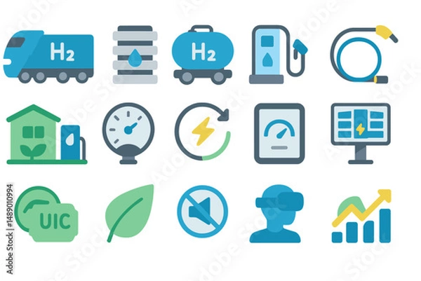 Fototapeta Various symbols representing hydrogen energy technologies and their applications for sustainable future development