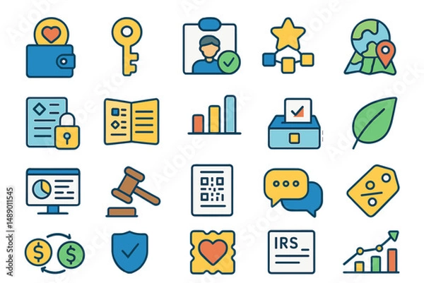 Fototapeta Icons representing various concepts related to finance, security, communication, and data analysis in a colorful, modern style