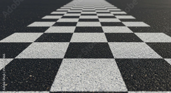 Fototapeta The checkered path stretches out promising an unknown challenging race ahead on asphalt in low angle