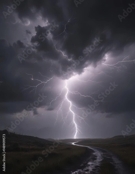 Obraz Turbulent, leaden sky; forked lightning illuminates the gloom ,  stormy,  shadow,  weather event