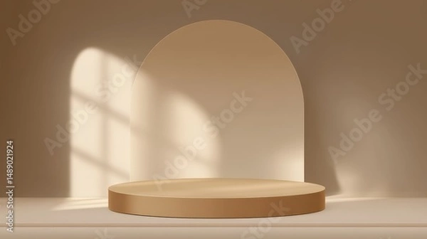 Fototapeta Minimalistic display pedestal with soft shadows in beige tones featuring an arch background for product showcasing or artistic presentation