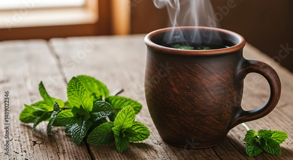 Obraz A steaming cup of herbal tea sits beside fresh mint leaves on a rustic wooden table, showcasing a moment of calm and natural refreshment. .