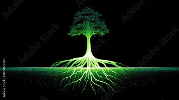 Obraz Glowing green tree with extensive roots black background, symbolizing growth and connection, evokes sense of vitality and stability, emphasizing importance of strong foundations and natural energy