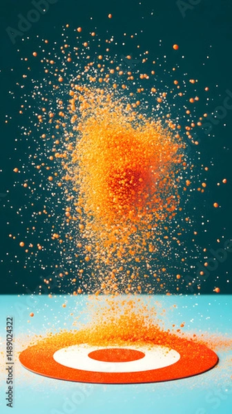 Fototapeta Exploding orange powder creates a vibrant, dynamic splash against a teal backdrop, settling onto a circular target
